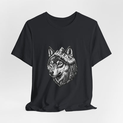 Wolf Head with Mountain Skyline T-Shirt | Nature Wildlife IllustrationTricou Unisex Premium Bella Canvas 3001 – Bumbac Moale, Stil Modern & Confort Zilnic